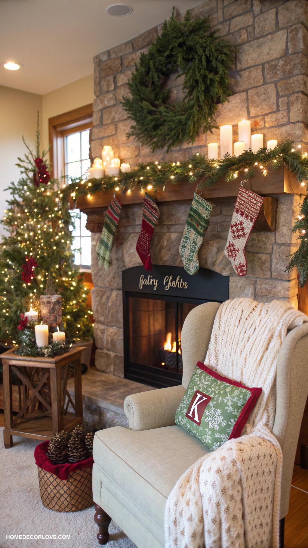 warm and cozy christmas decor Cozy knitted stockings by the fireplace