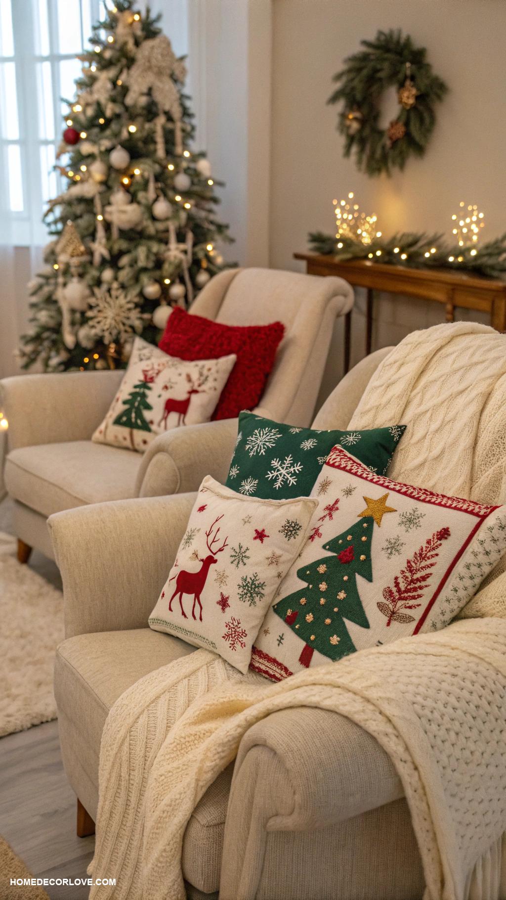 warm and cozy christmas decor Fluffy Christmas themed pillows on chairs