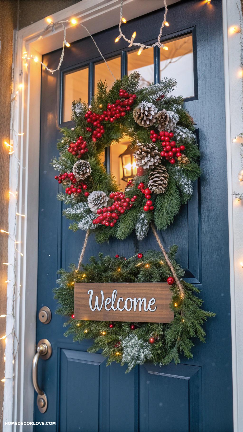 warm and cozy christmas decor Handmade wreaths on front doors