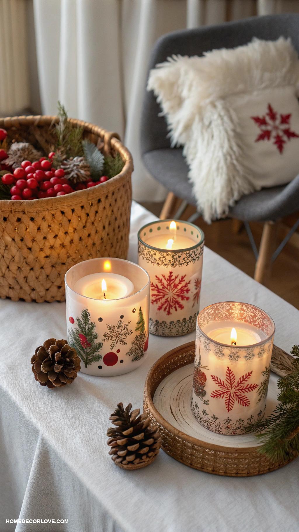 warm and cozy christmas decor Scented candles in festive holders