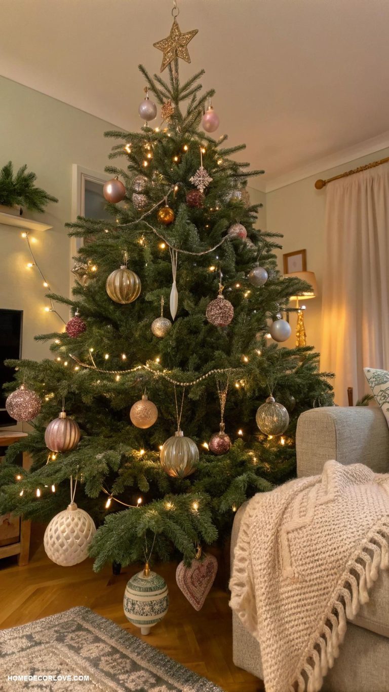 warm and cozy christmas decor Vintage ornaments hanging on trees