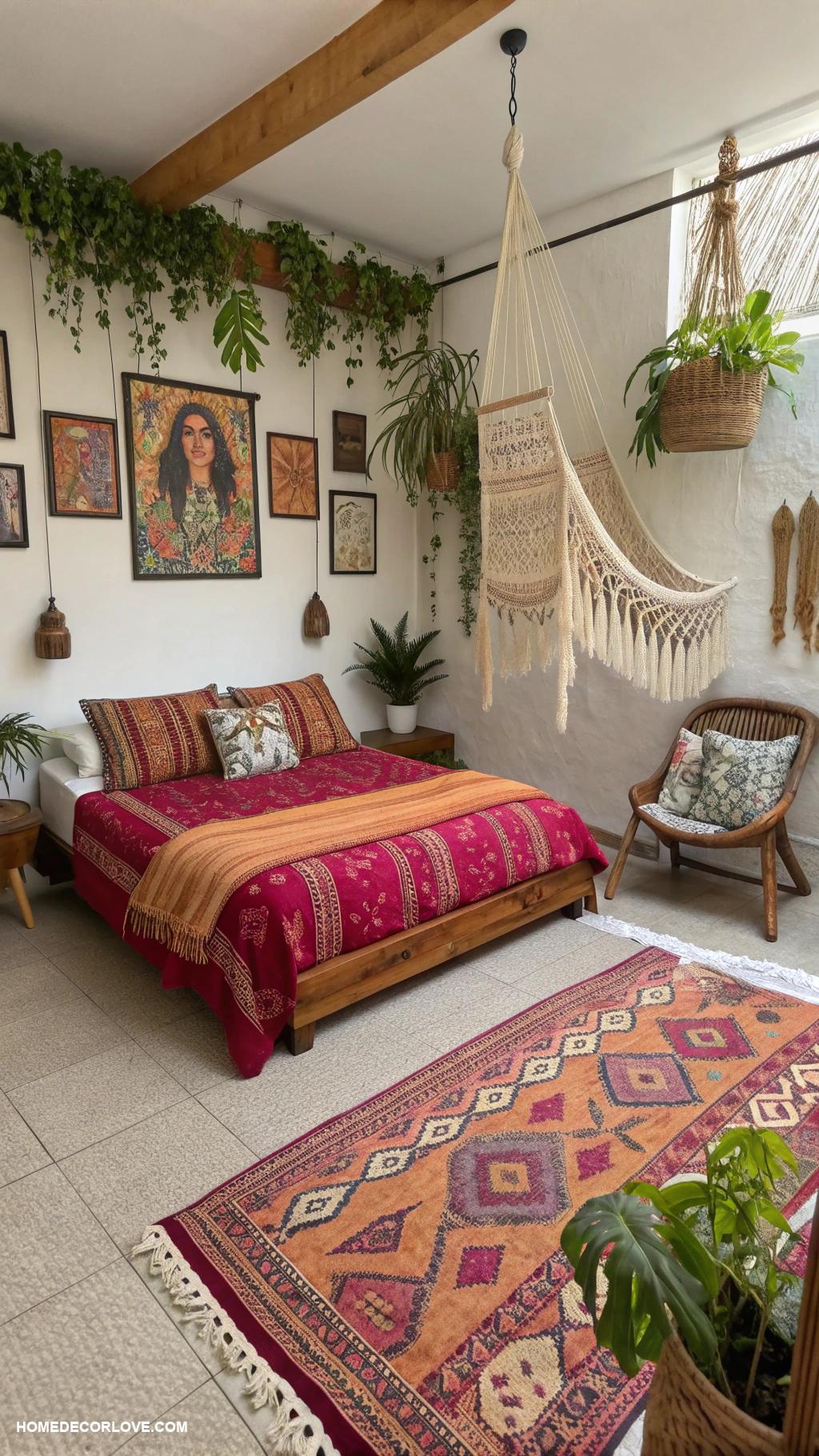 aesthetic bedroom Bohemian style with vibrant textiles