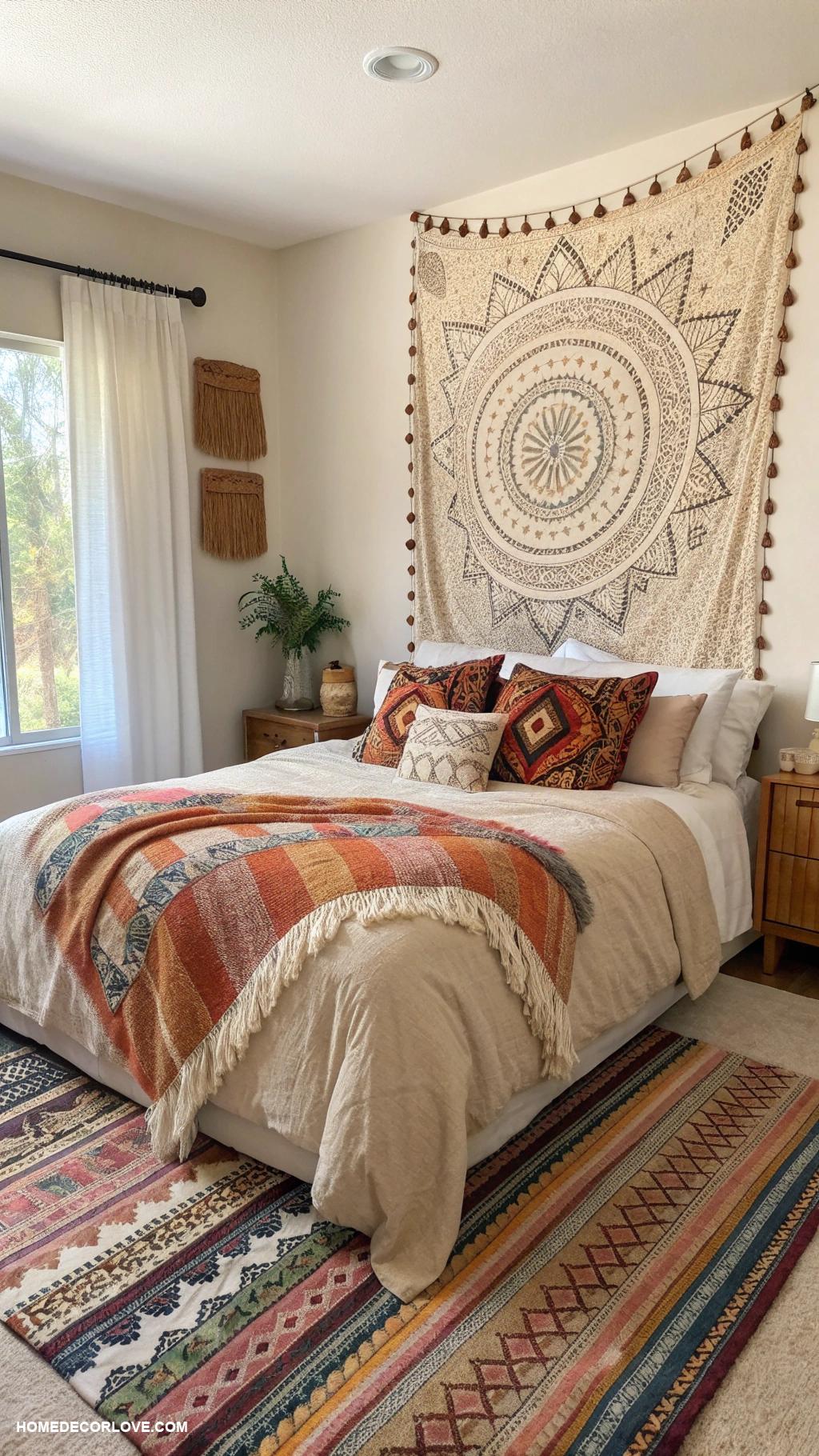 boho bedroom Layered textiles for cozy vibes