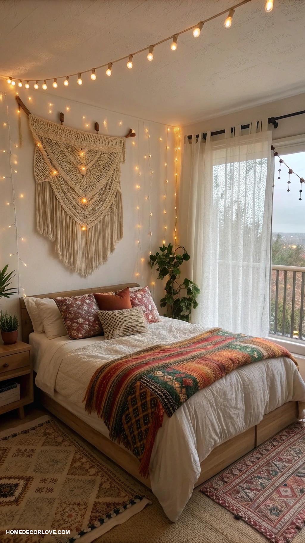 boho bedroom Soft lighting with string lights