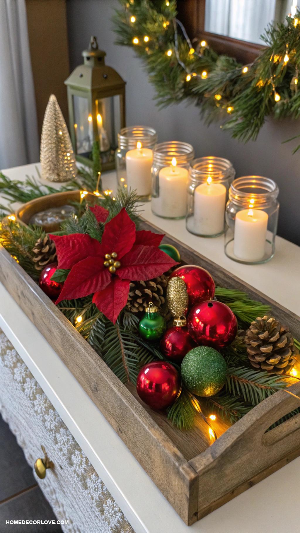 christmas entryway table decor Decorative tray with holiday potpourri