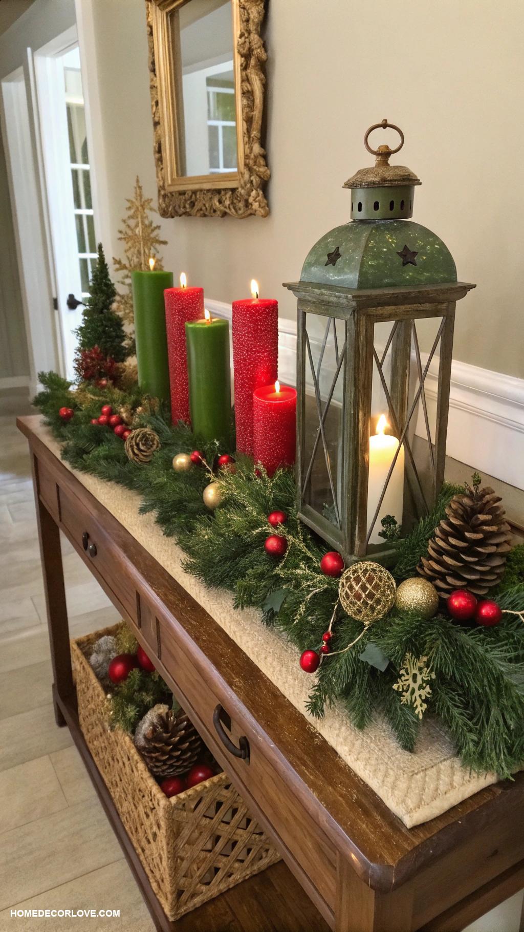 christmas entryway table decor Festive red and green candle arrangement