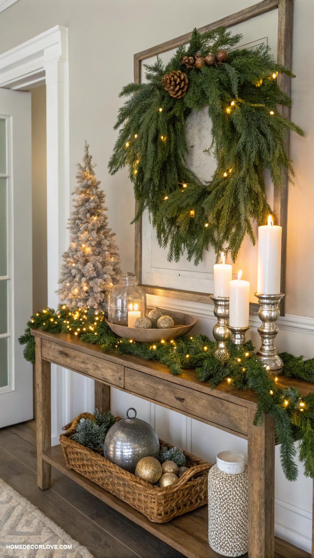 christmas entryway table decor Fresh evergreen garland with twinkling lights