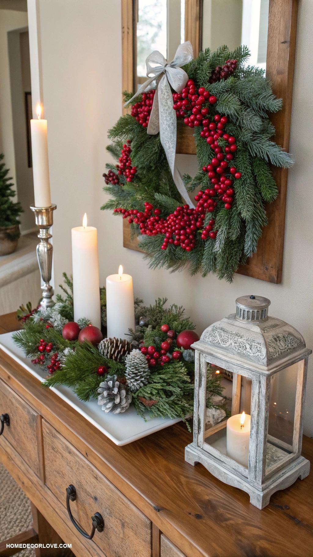 christmas entryway table decor Holiday themed wreath with berry accents