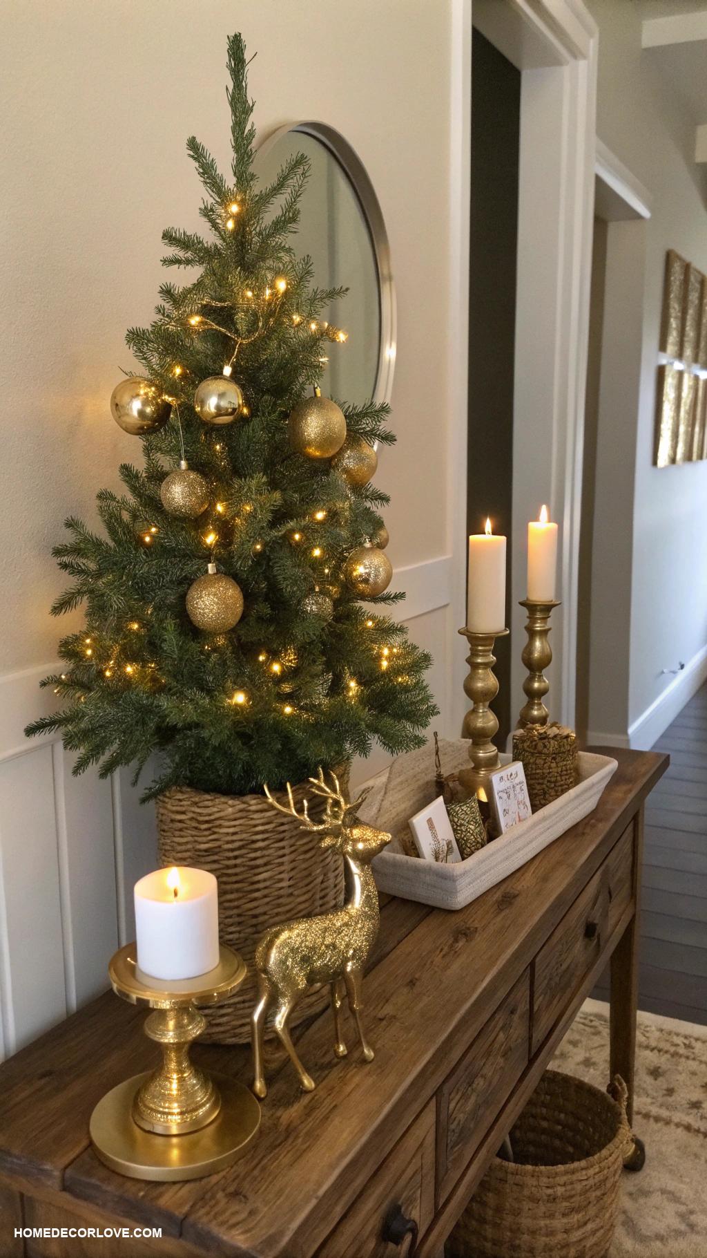 christmas entryway table decor Mini Christmas tree with golden ornaments