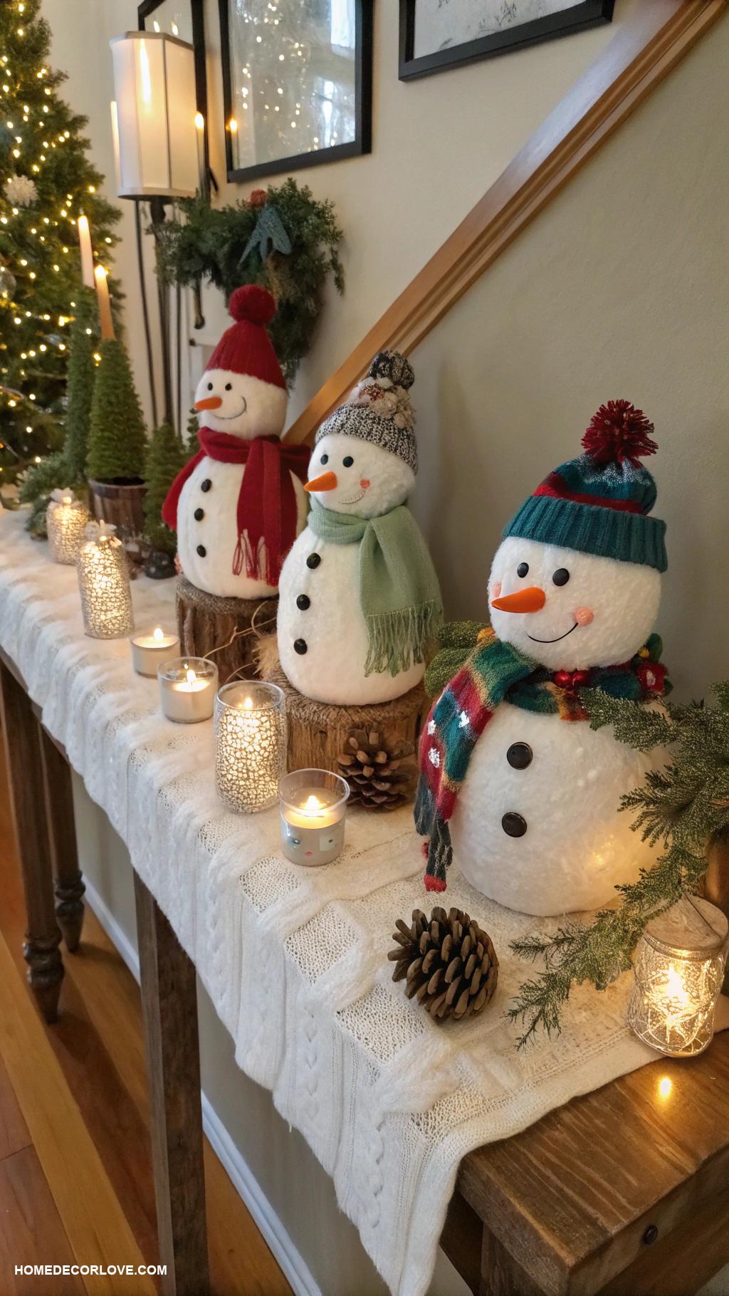 christmas entryway table decor Snowman figurines with cozy winter accents