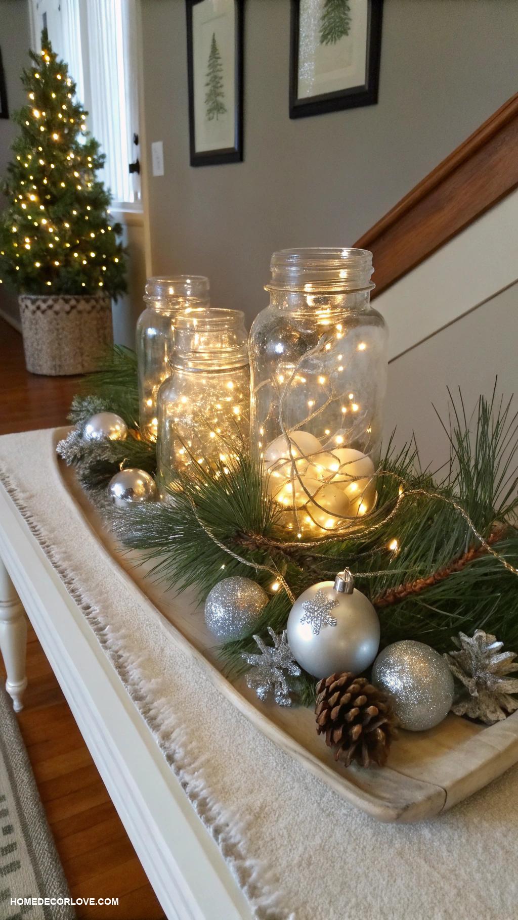 christmas entryway table decor String lights in clear glass jar