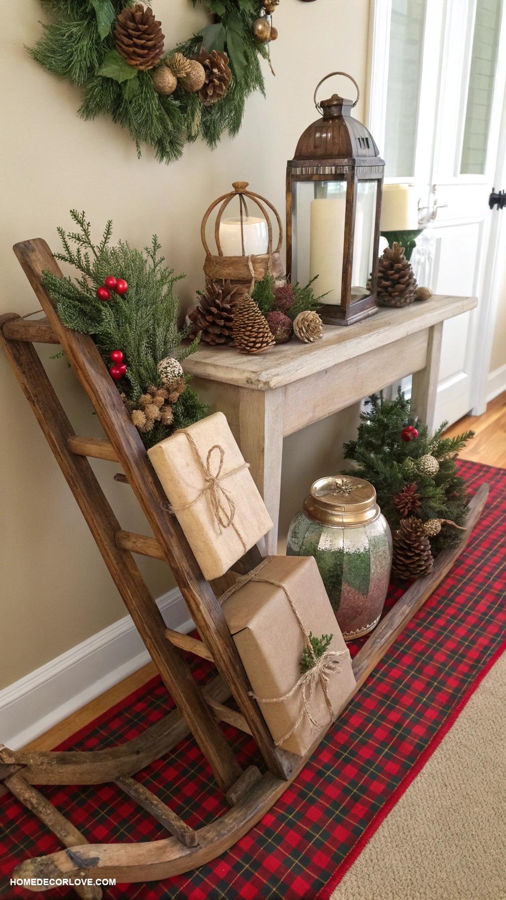 christmas entryway table decor Vintage sled with faux presents