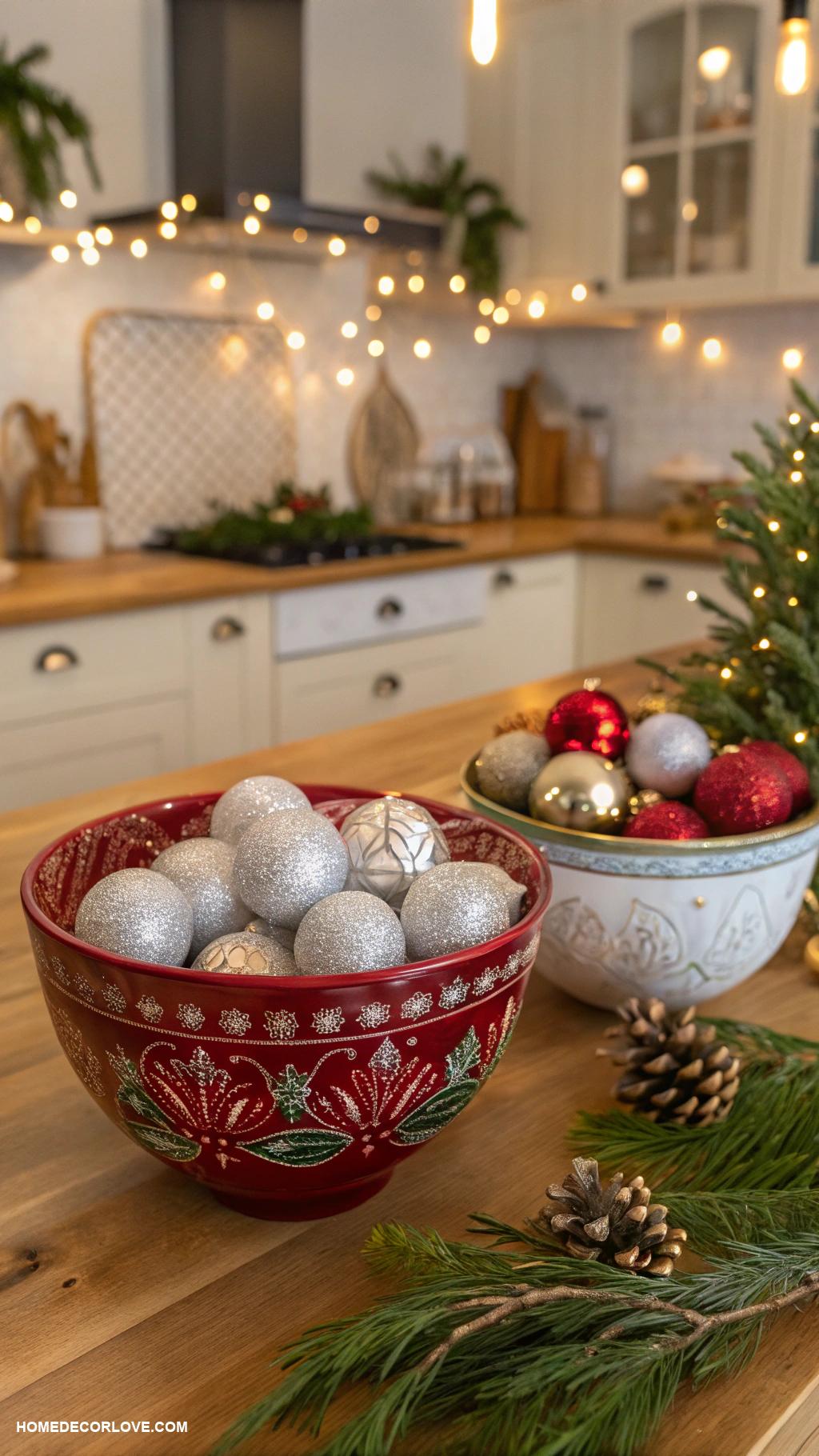 christmas kitchen decor Decorative bowls filled with ornaments