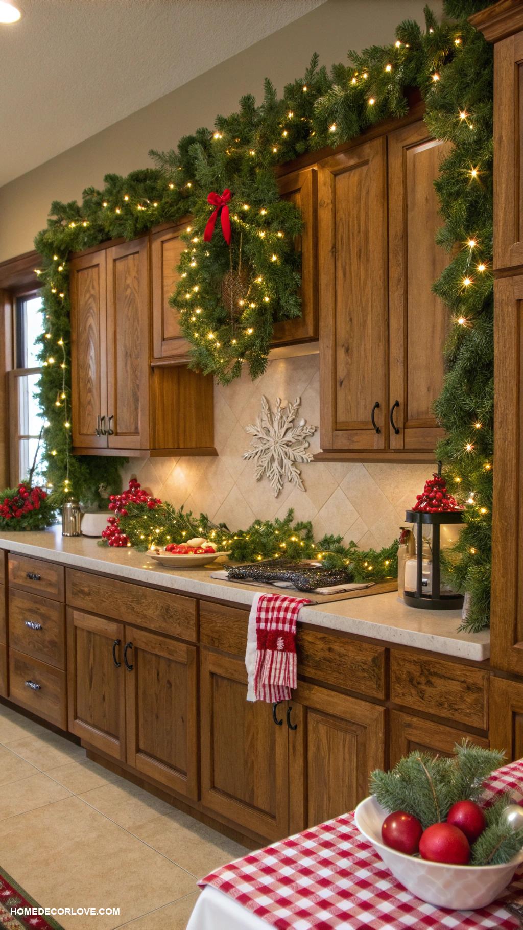 christmas kitchen decor Garland draped over kitchen cabinet doors
