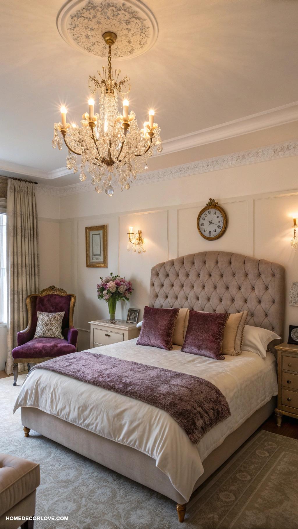 classy bedroom Elegant chandelier for ambient lighting