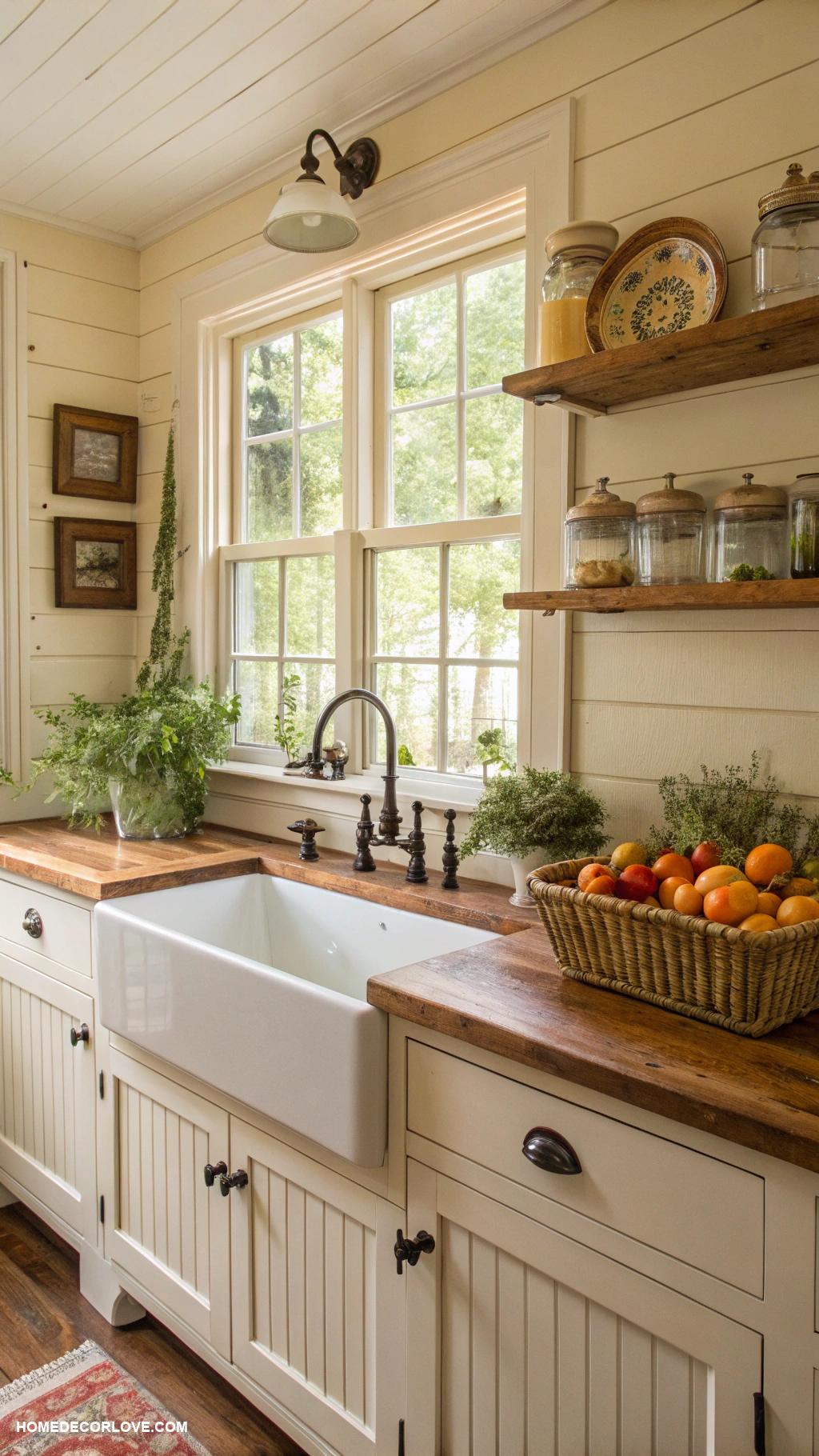 cottage kitchen Farmhouse sink with vintage faucet
