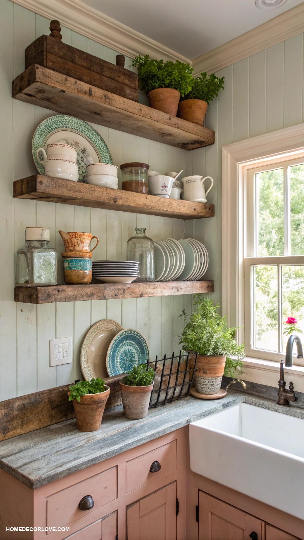 cottage kitchen Open shelving for rustic dishware