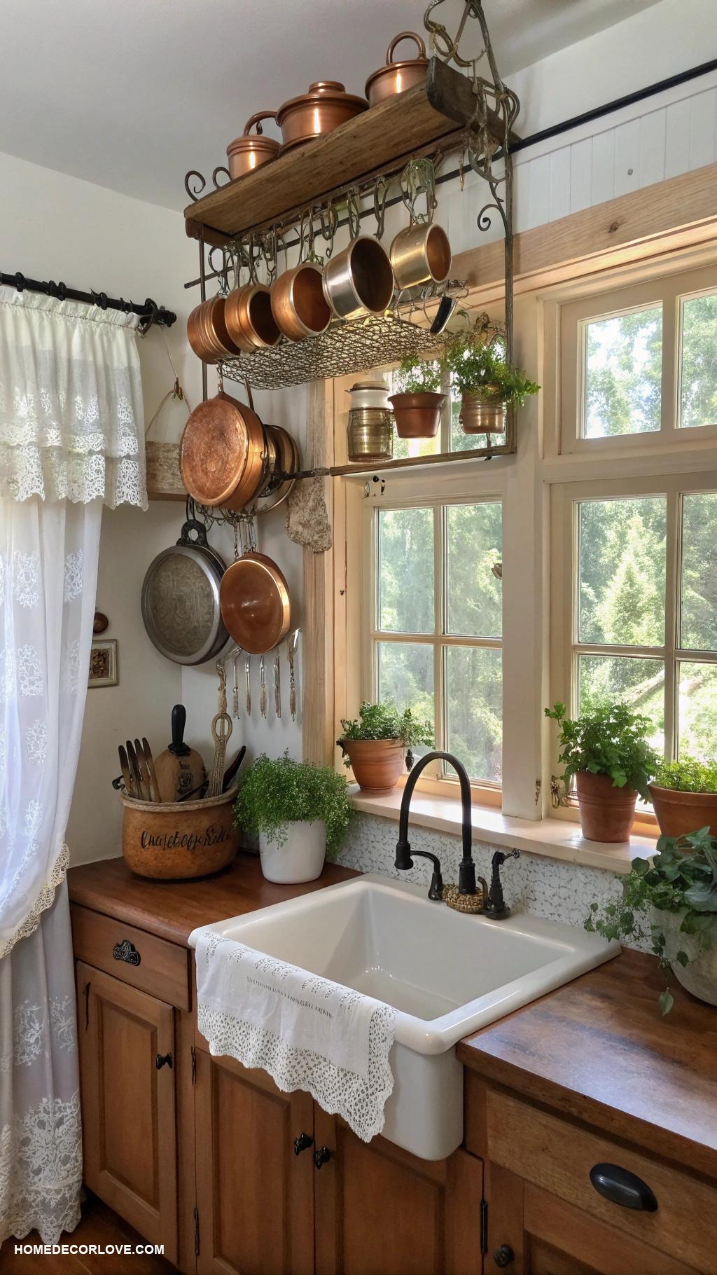 cottage kitchen Wall hung pot rack for organization