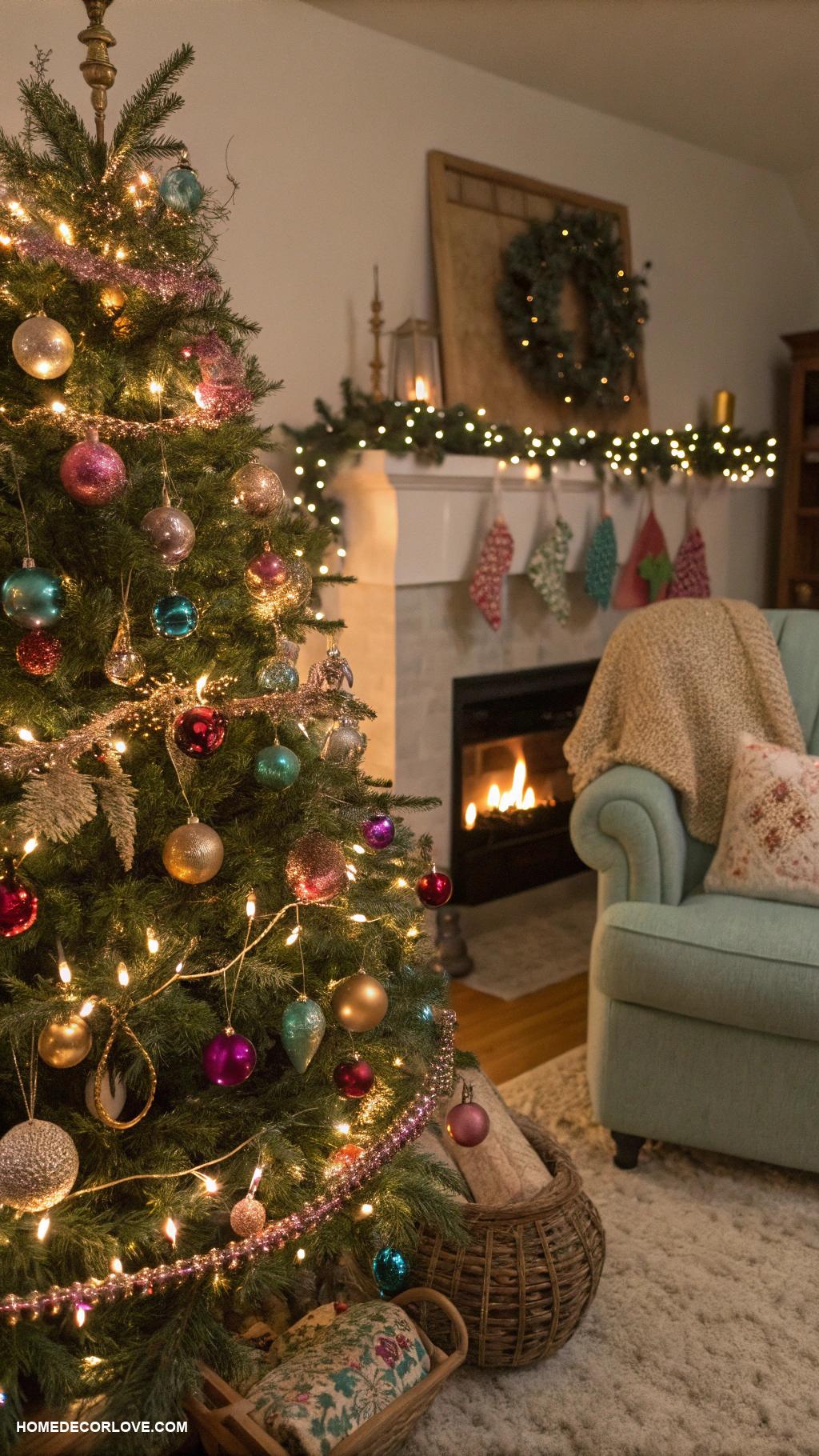 cozy christmas aesthetic Vintage ornaments on the tree