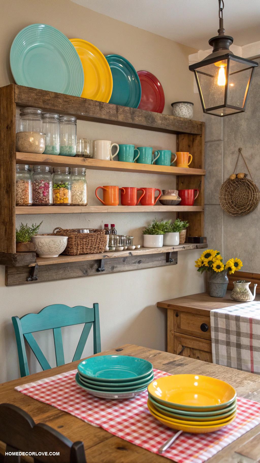 cozy kitchen Open shelving to display colorful dishware
