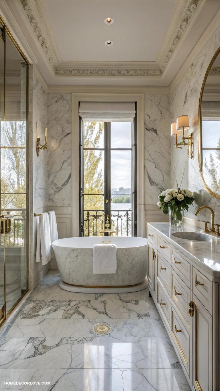 dream bathrooms Luxurious marble with gold fixtures