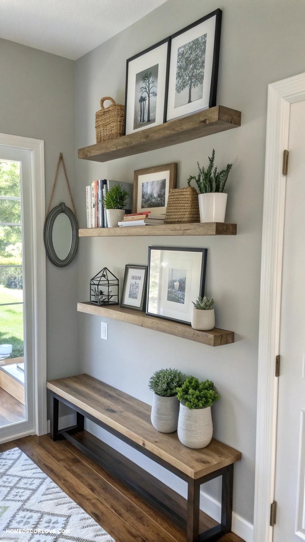 entryway ideas Install floating shelves for decorative storage