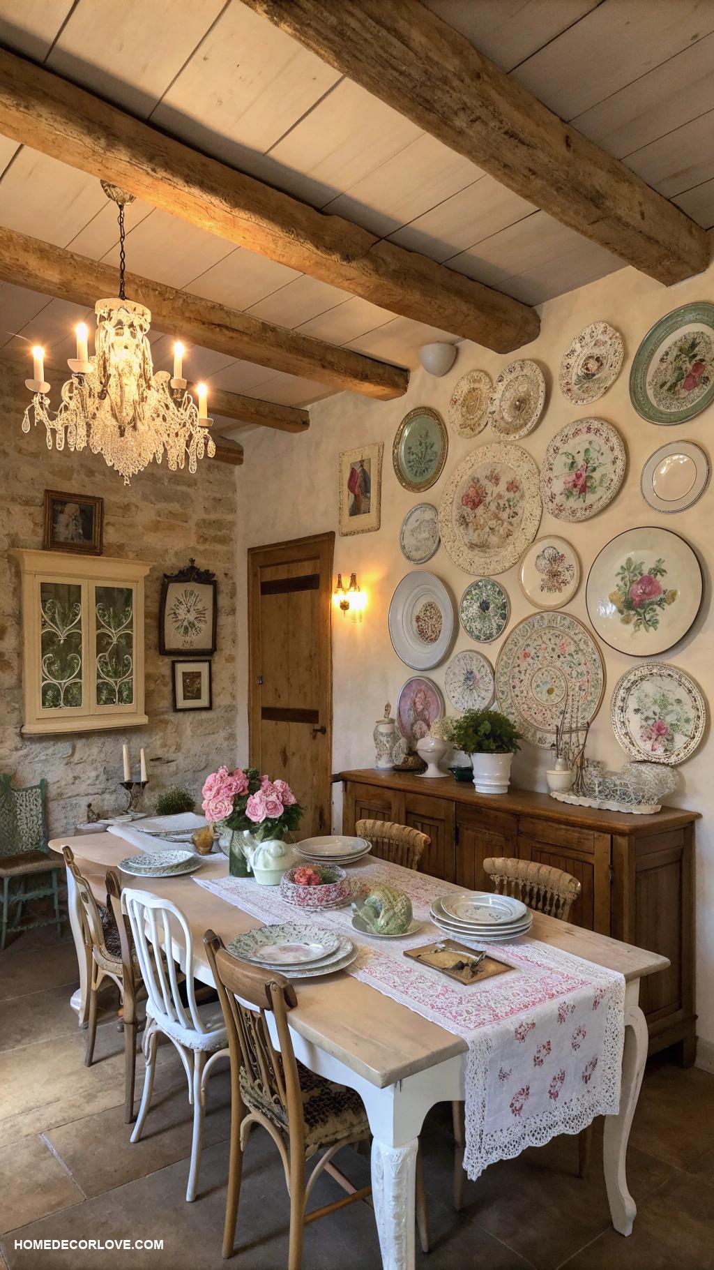 french country dining room Vintage plates displayed on walls