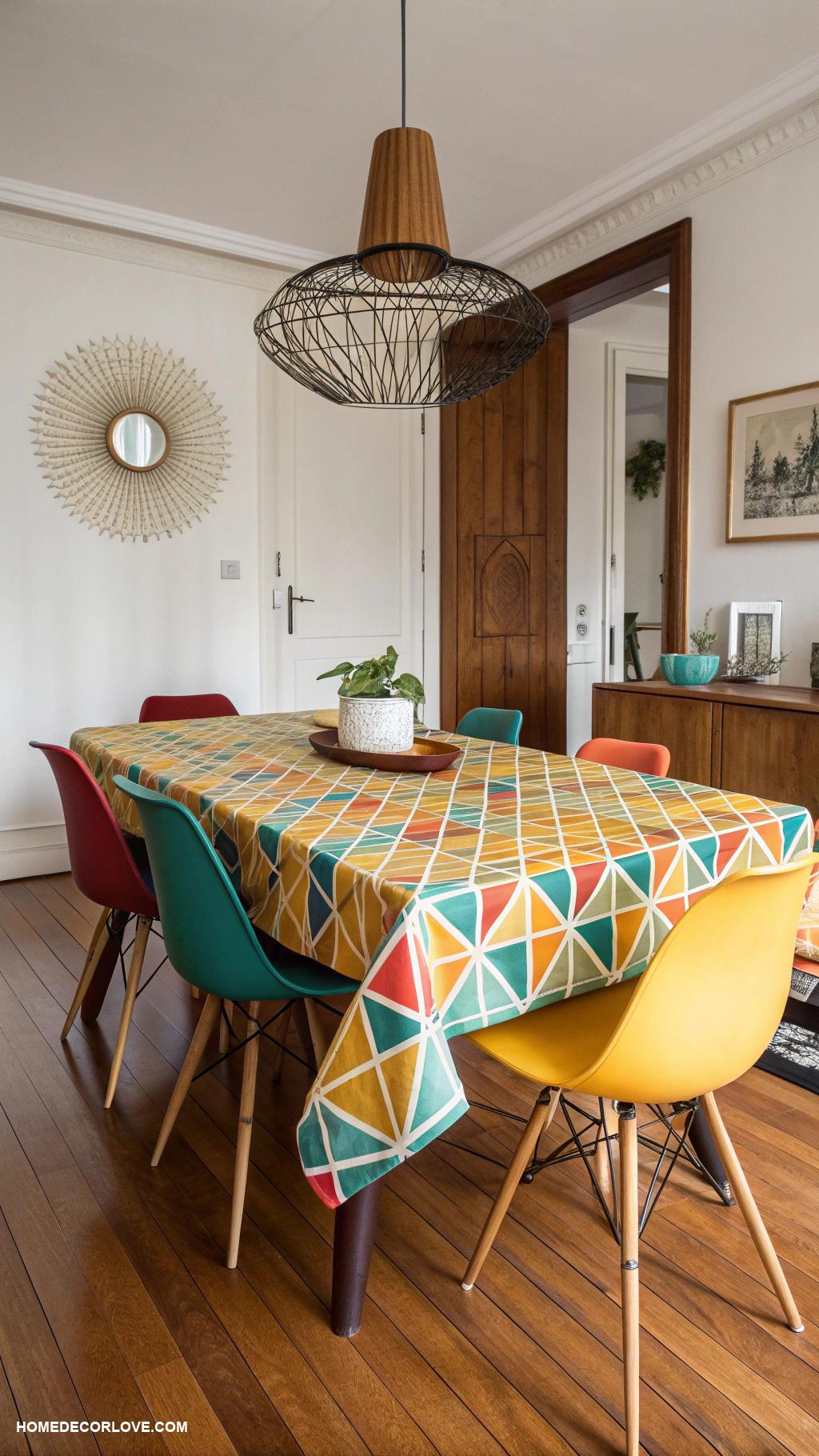mid century modern dining room Bold geometric patterns on tablecloth