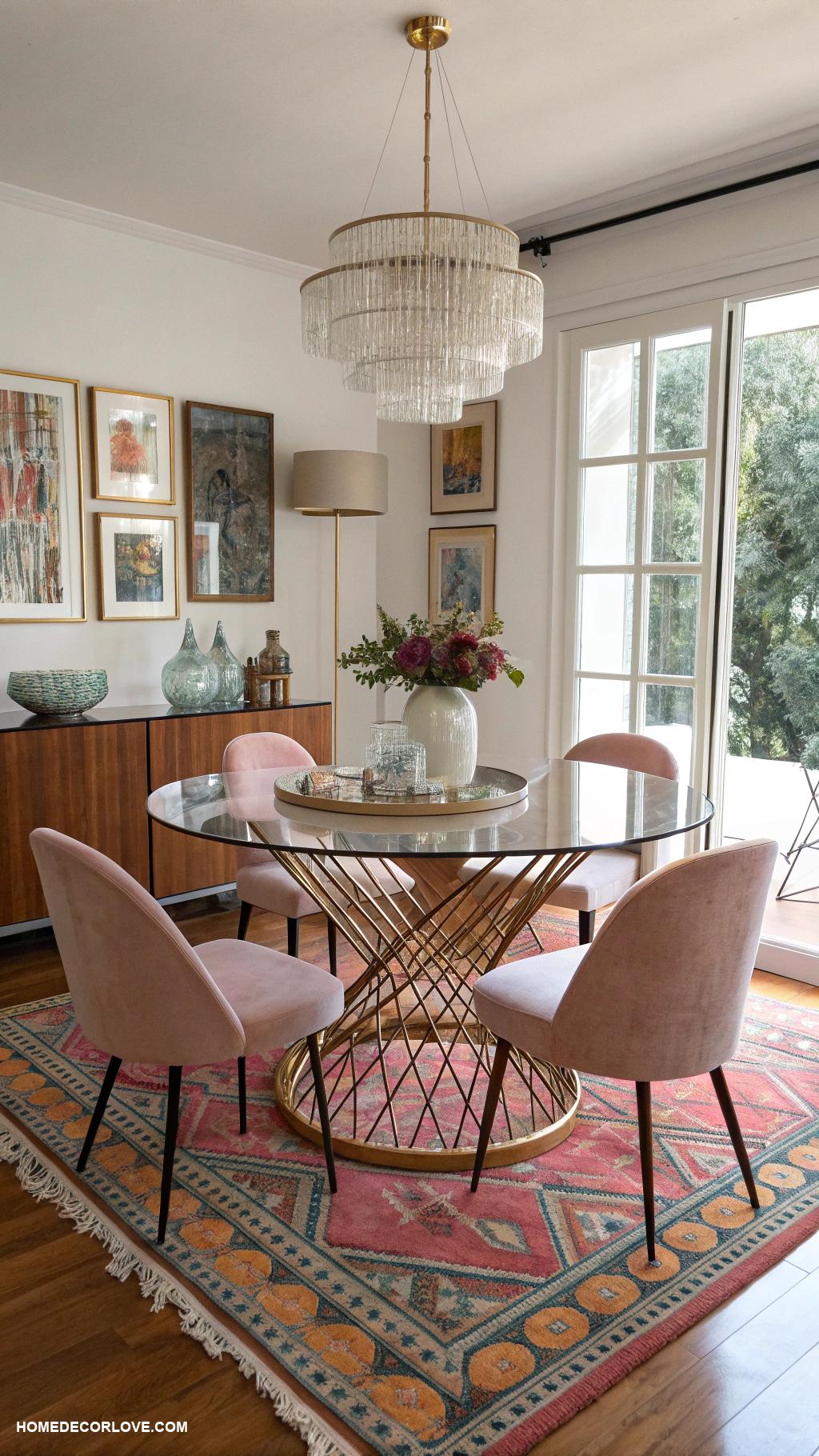 mid century modern dining room Glass top dining table with metal base