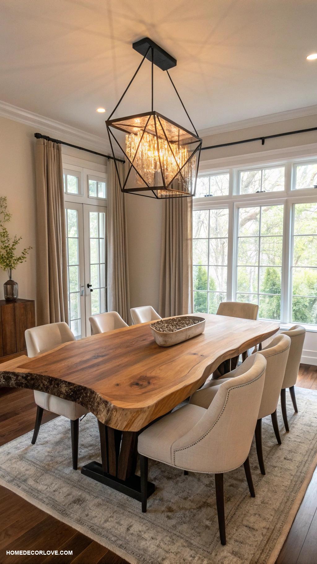 mid century modern dining room Natural wood table with live edge