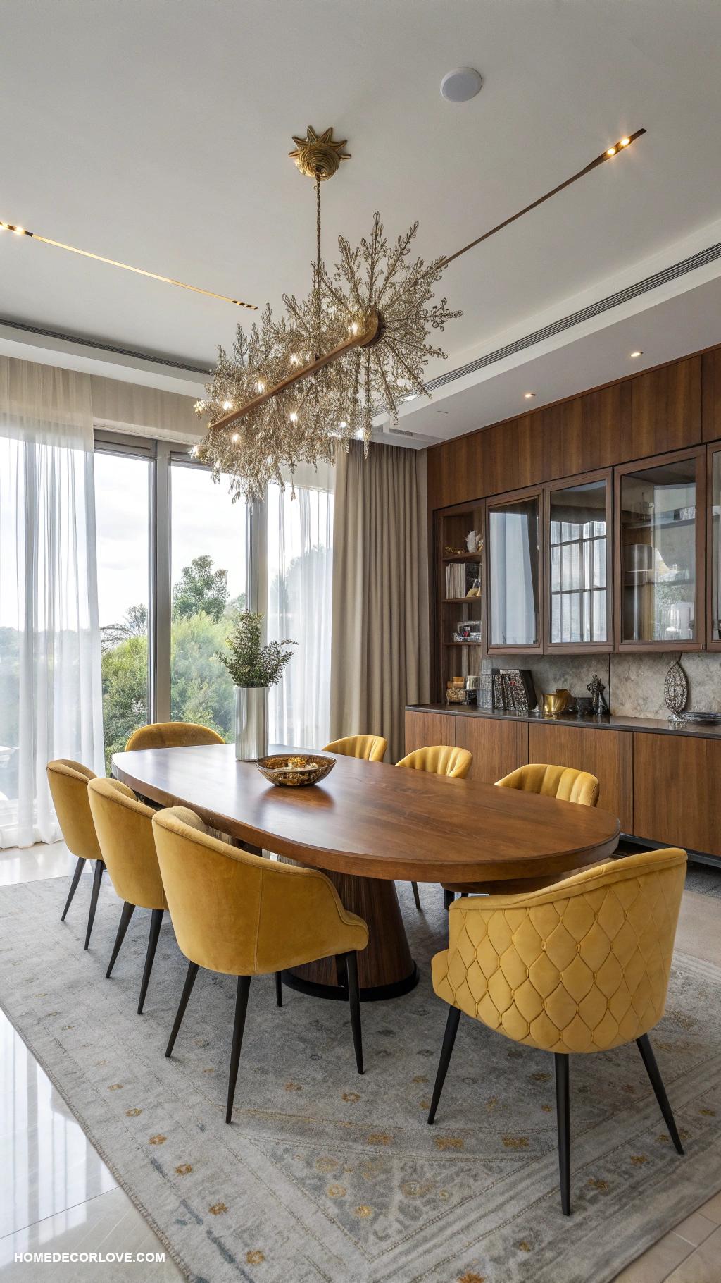 mid century modern dining room Statement light fixture above dining table