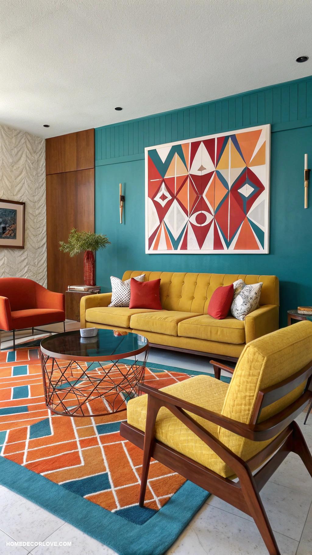 mid century modern living room Bold color palettes and geometric patterns