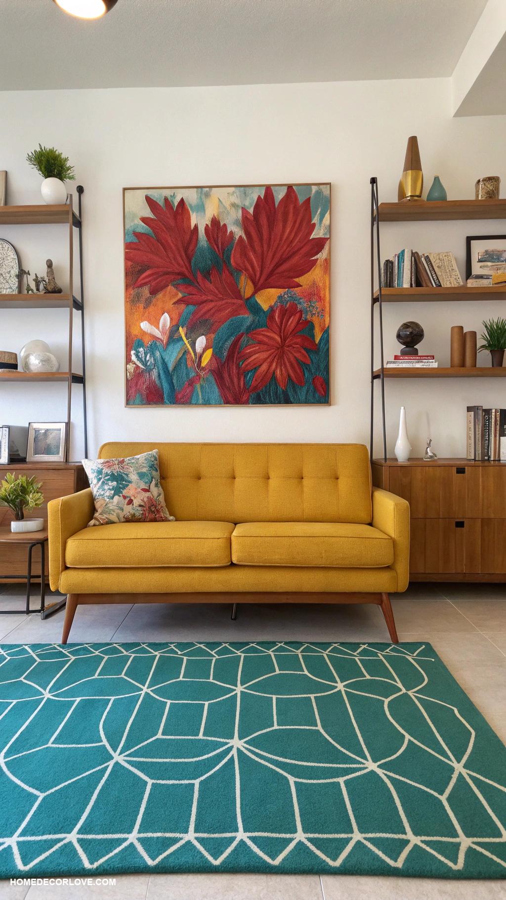 mid century modern living room Focal point artwork with vibrant colors