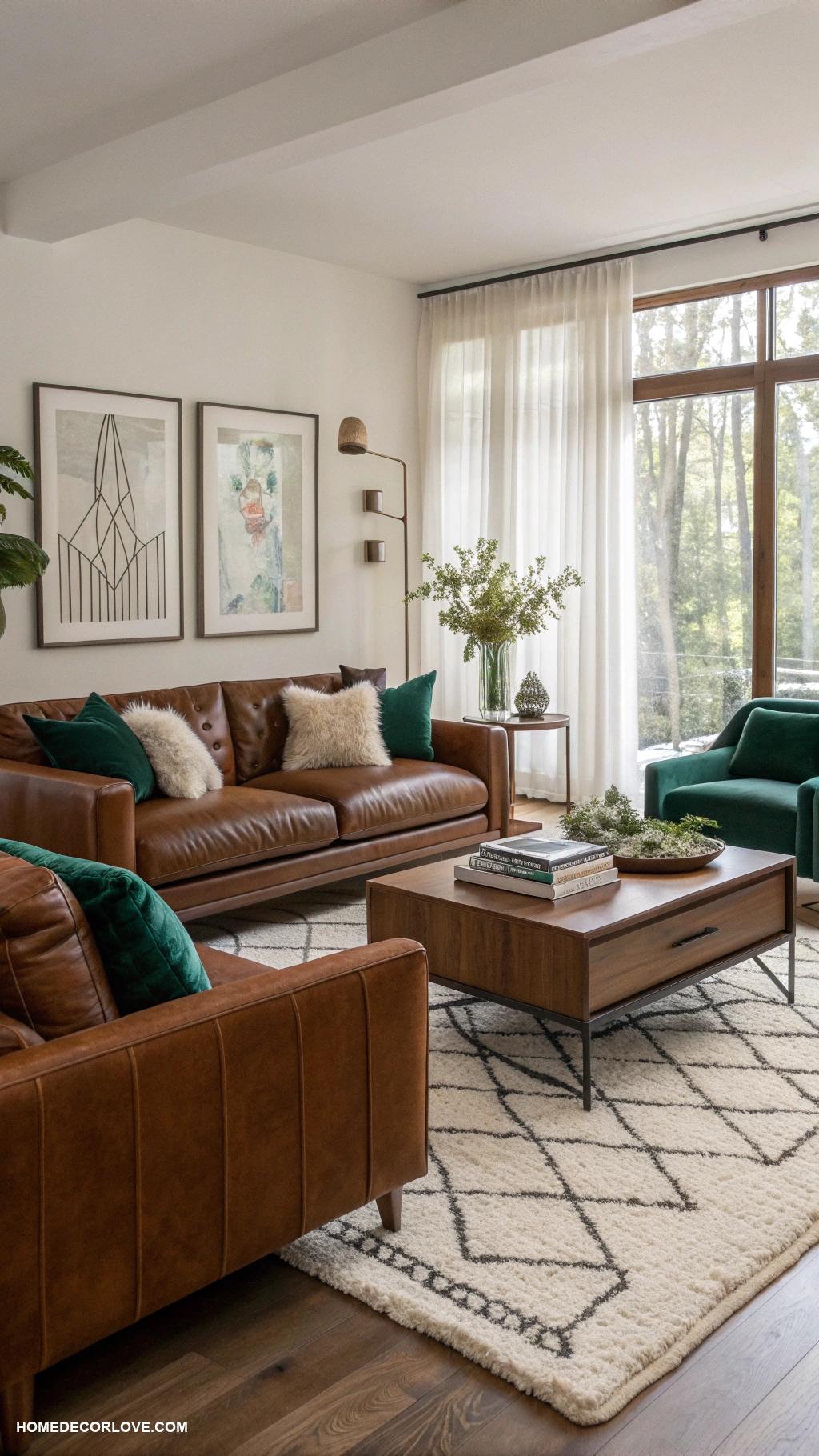 mid century modern living room Mix of textures leather velvet and wool