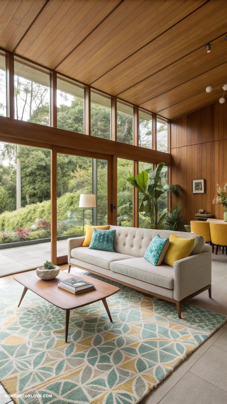 mid century modern living room Open layout promoting flow and accessibility