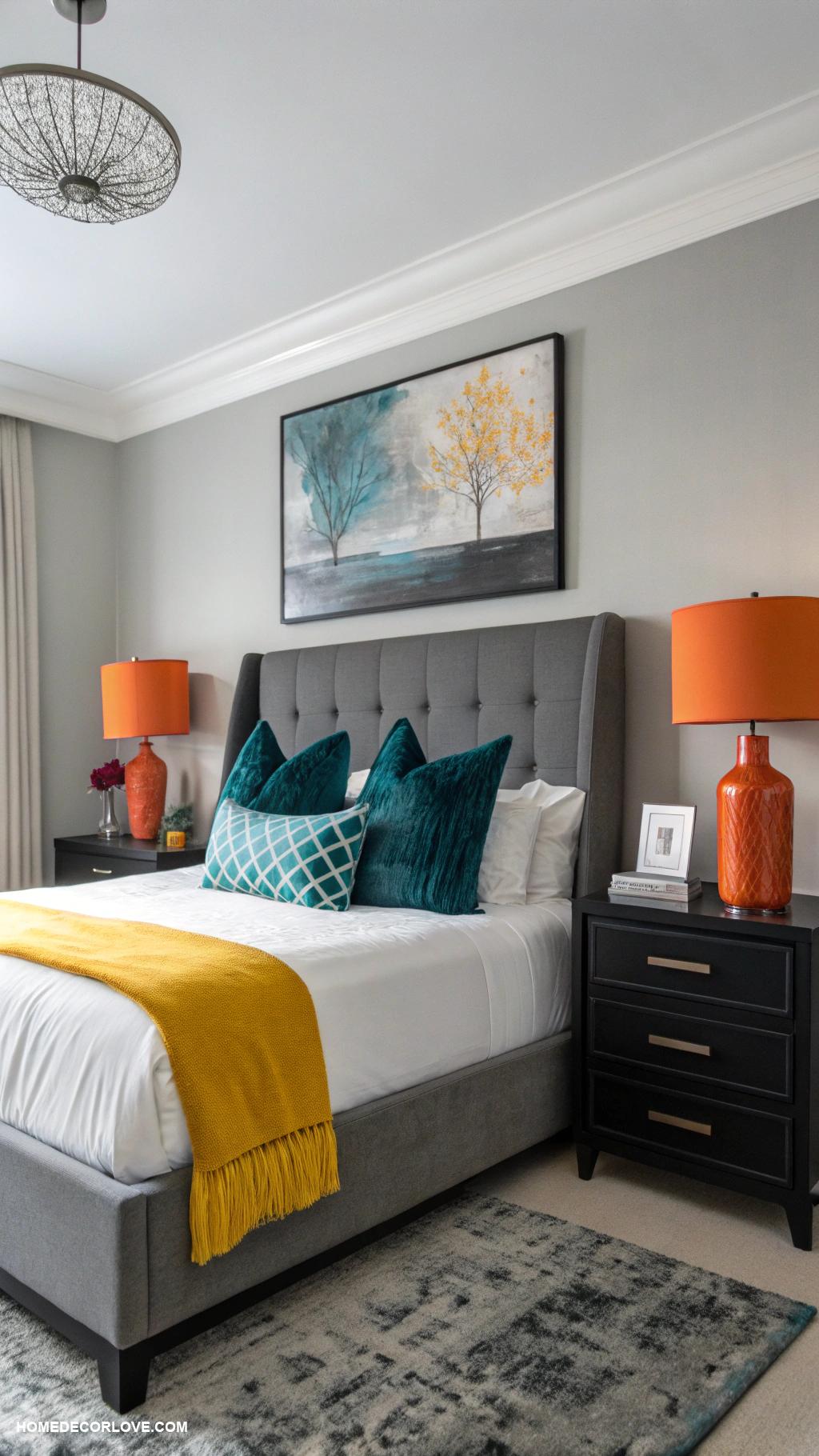 modern bedroom Monochrome color palette with pops of color