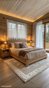 modern bedroom Natural wood elements with warm lighting