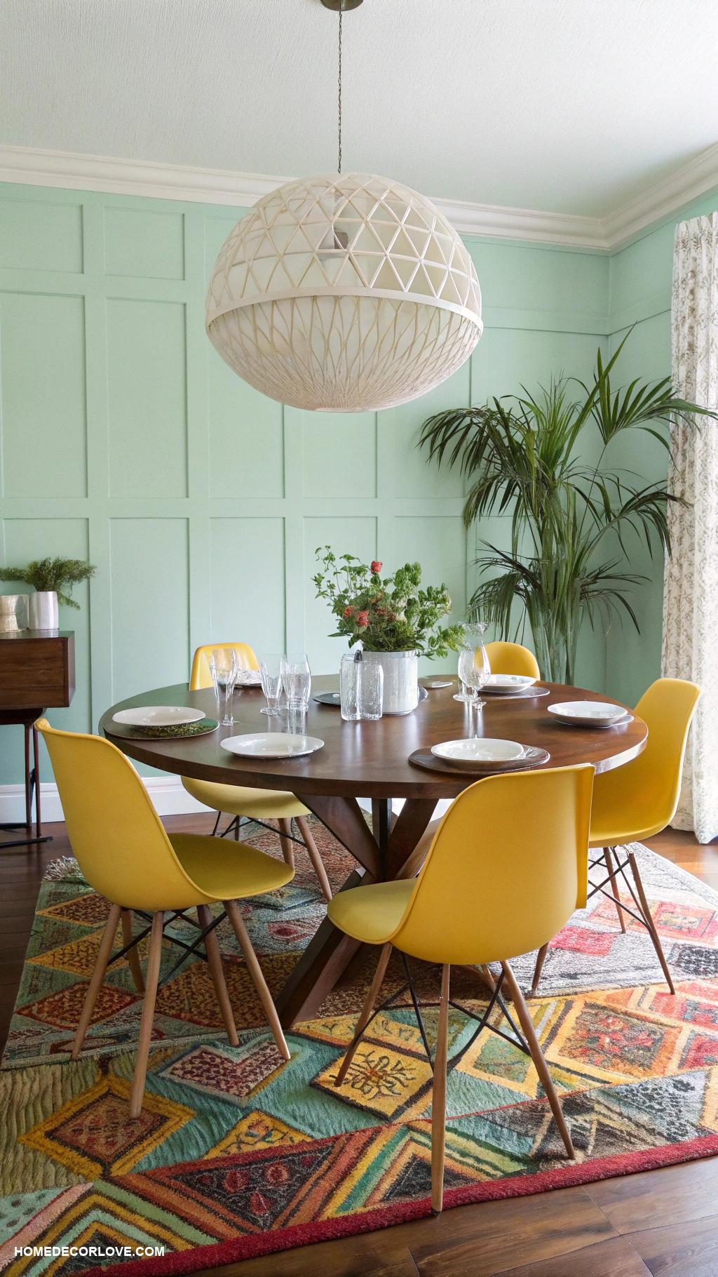 modern dining room Mid century modern furniture with vibrant textiles