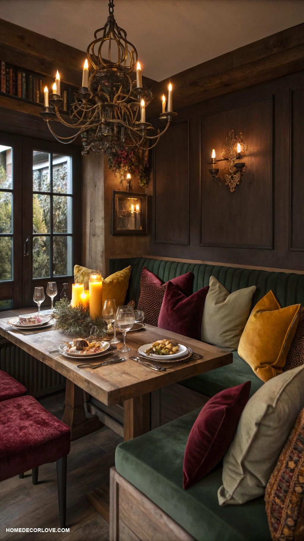 moody dining room Cozy nook with plush pillows