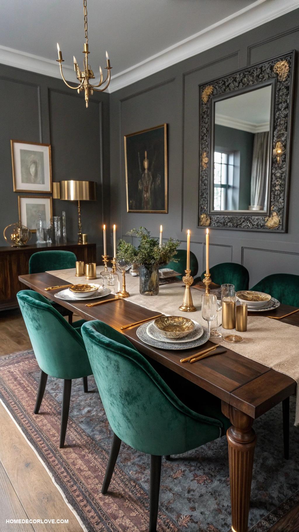 moody dining room Dark wood table with velvet chairs