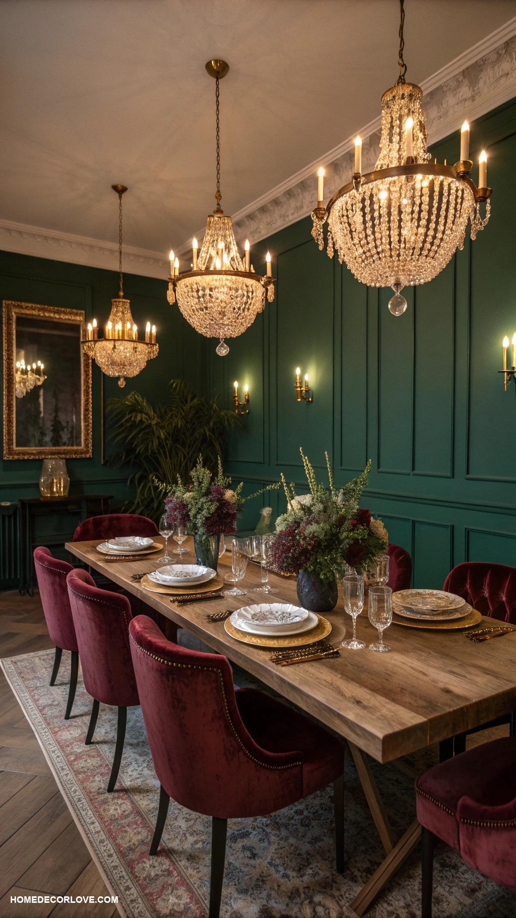 moody dining room Low lighting with vintage chandeliers