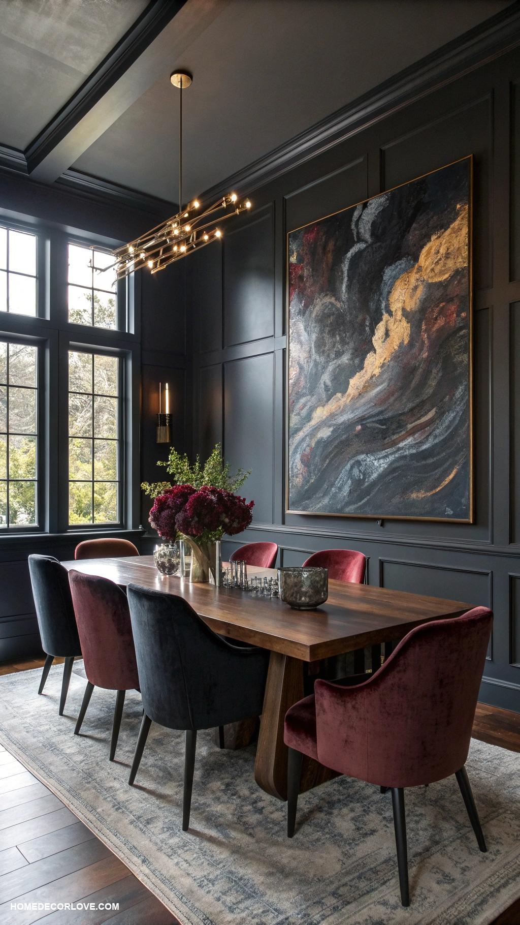 moody dining room Oversized artwork with moody tones