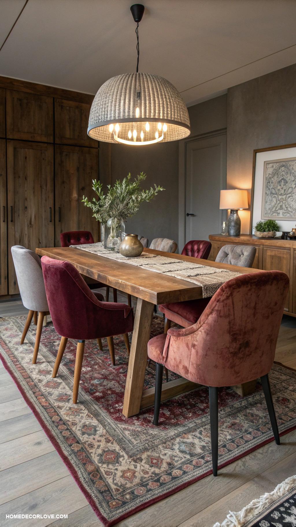 moody dining room Soft textiles and layered rugs