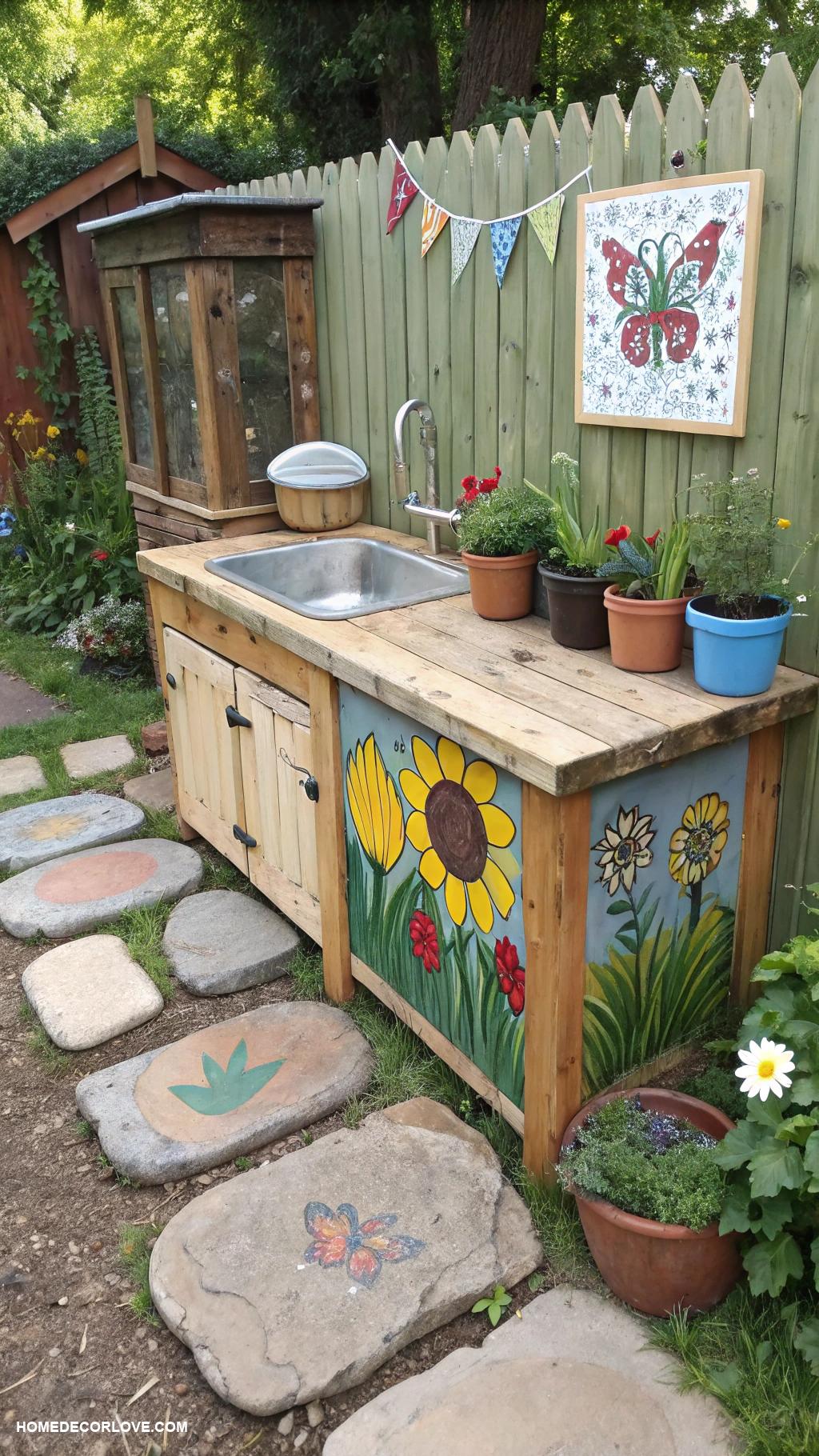 mud kitchen ideas Decorate with garden themed artwork