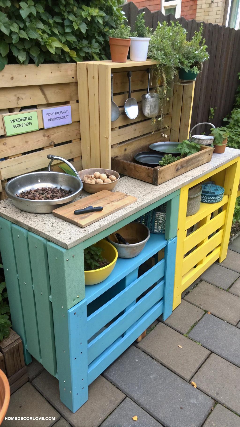 mud kitchen ideas Incorporate painted wooden crates