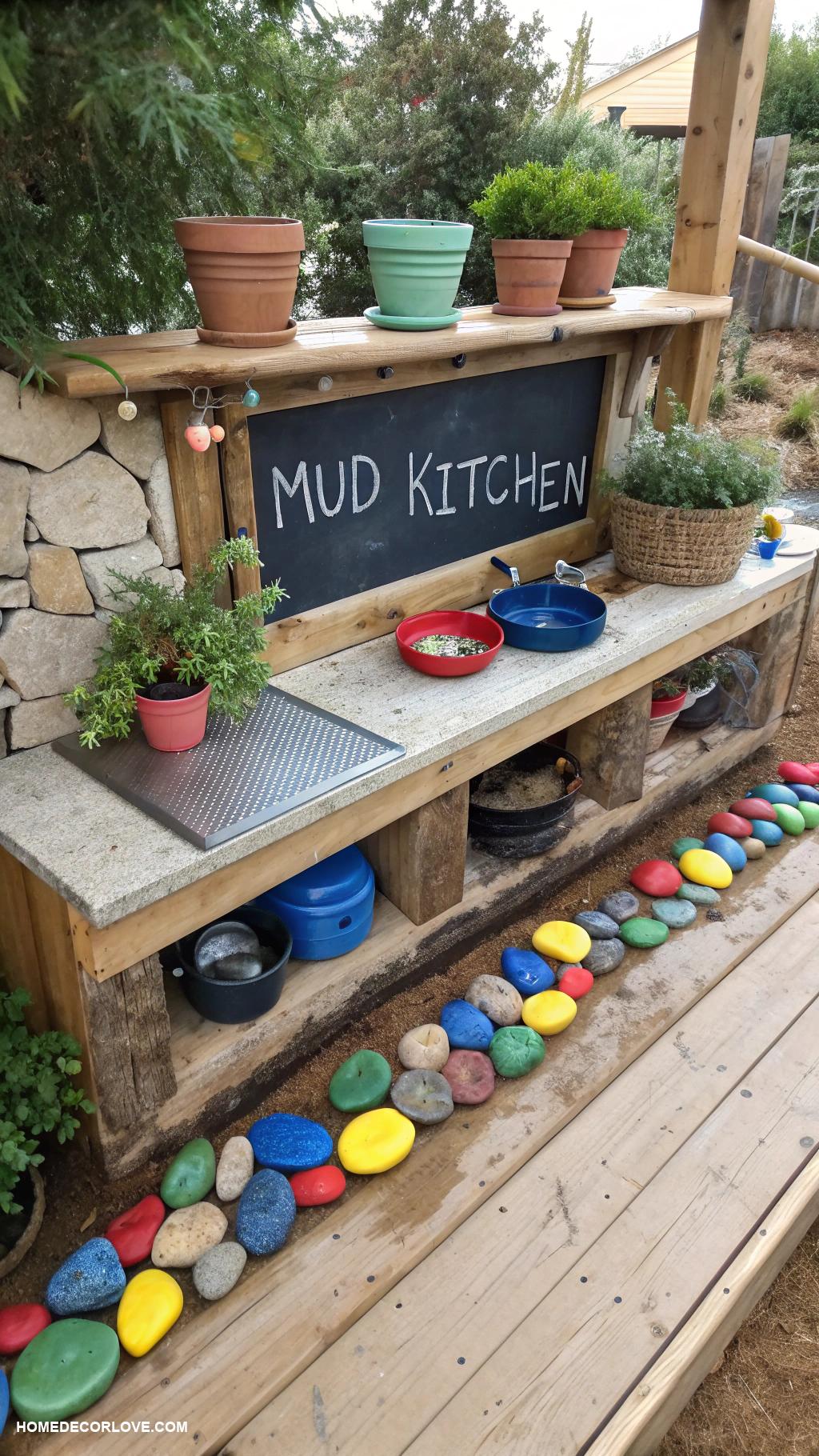 mud kitchen ideas Use colored stones for decoration