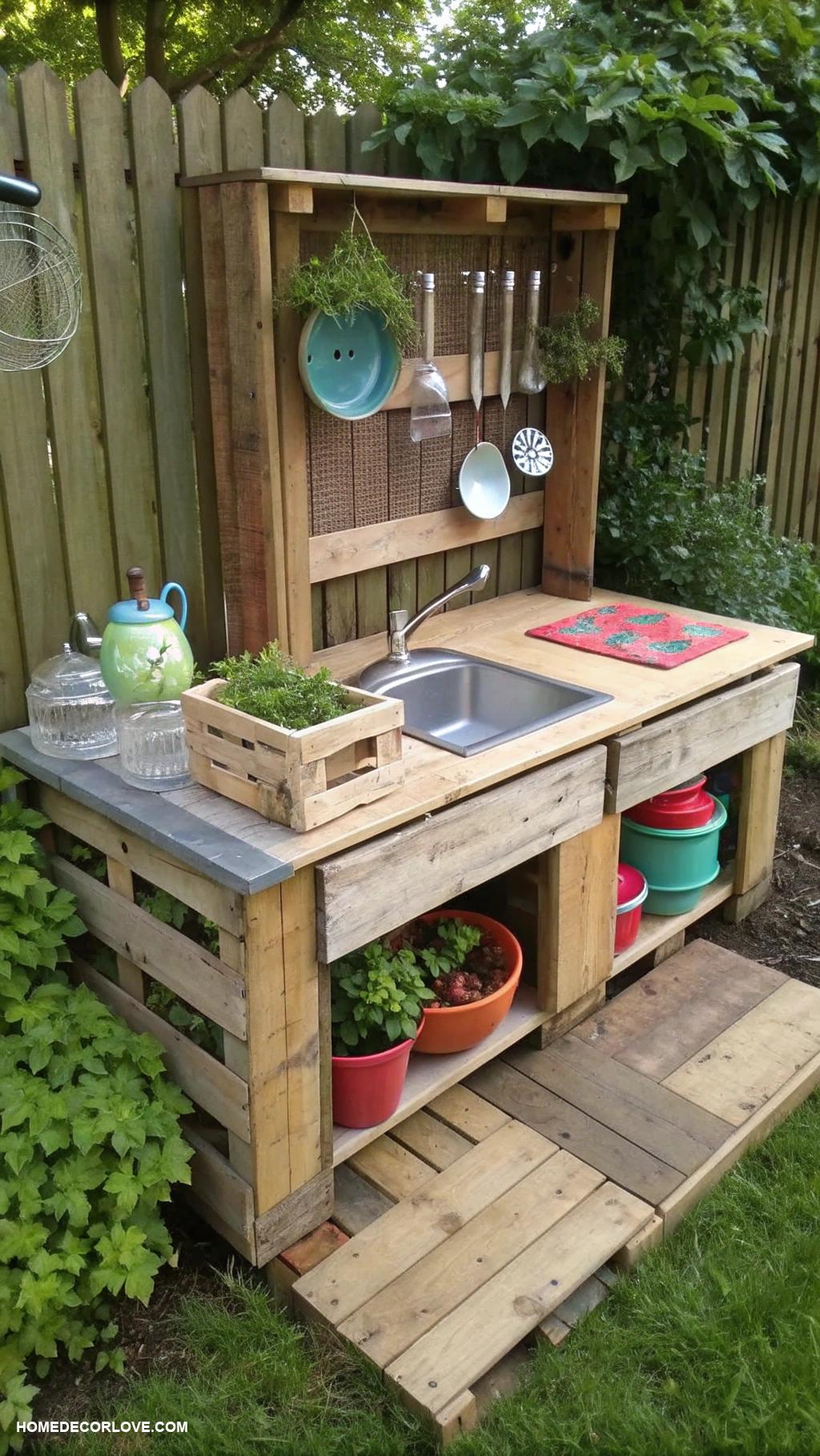 mud kitchen ideas Use old pallets for countertops