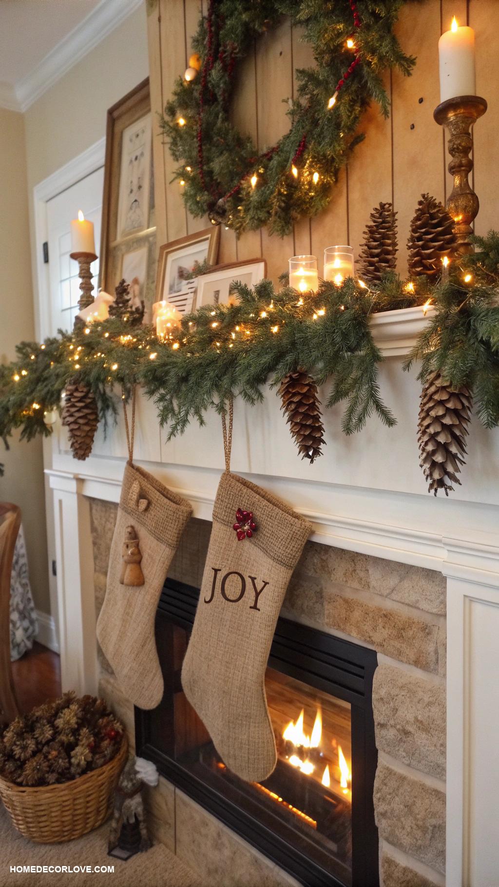rustic christmas decor Burlap stockings hung by fireplace