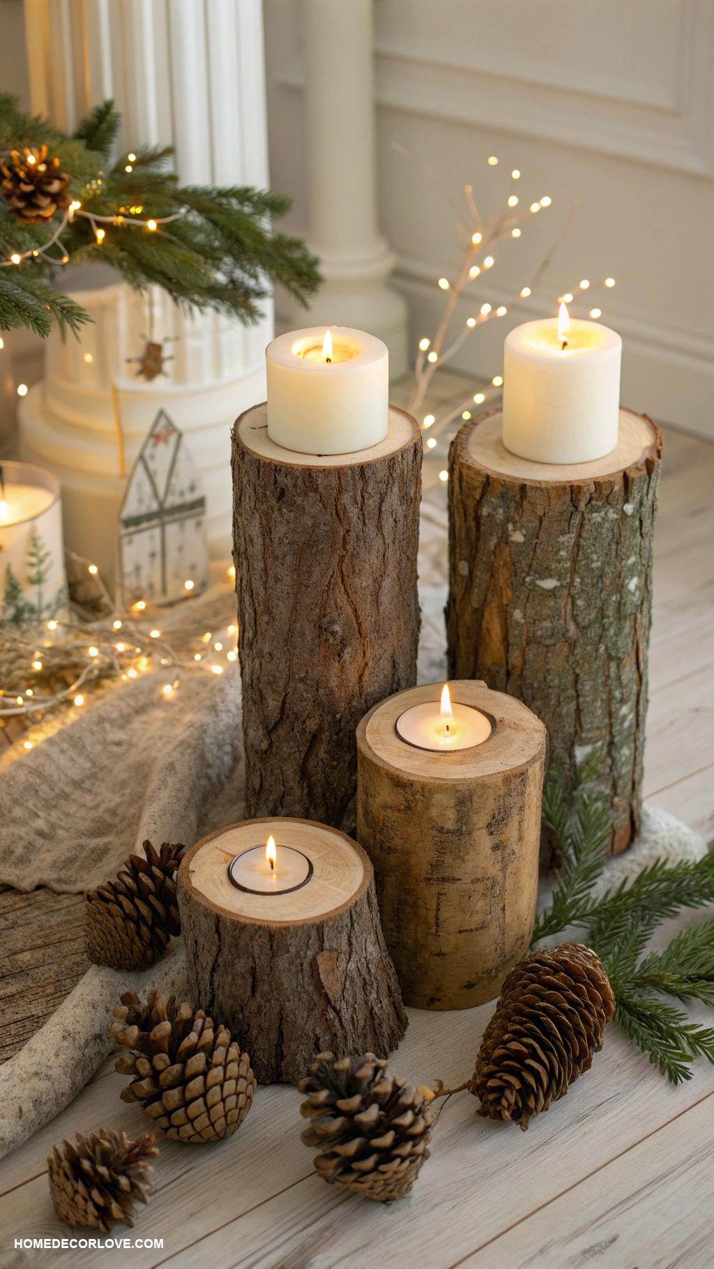 rustic christmas decor Candle holders made from tree stumps