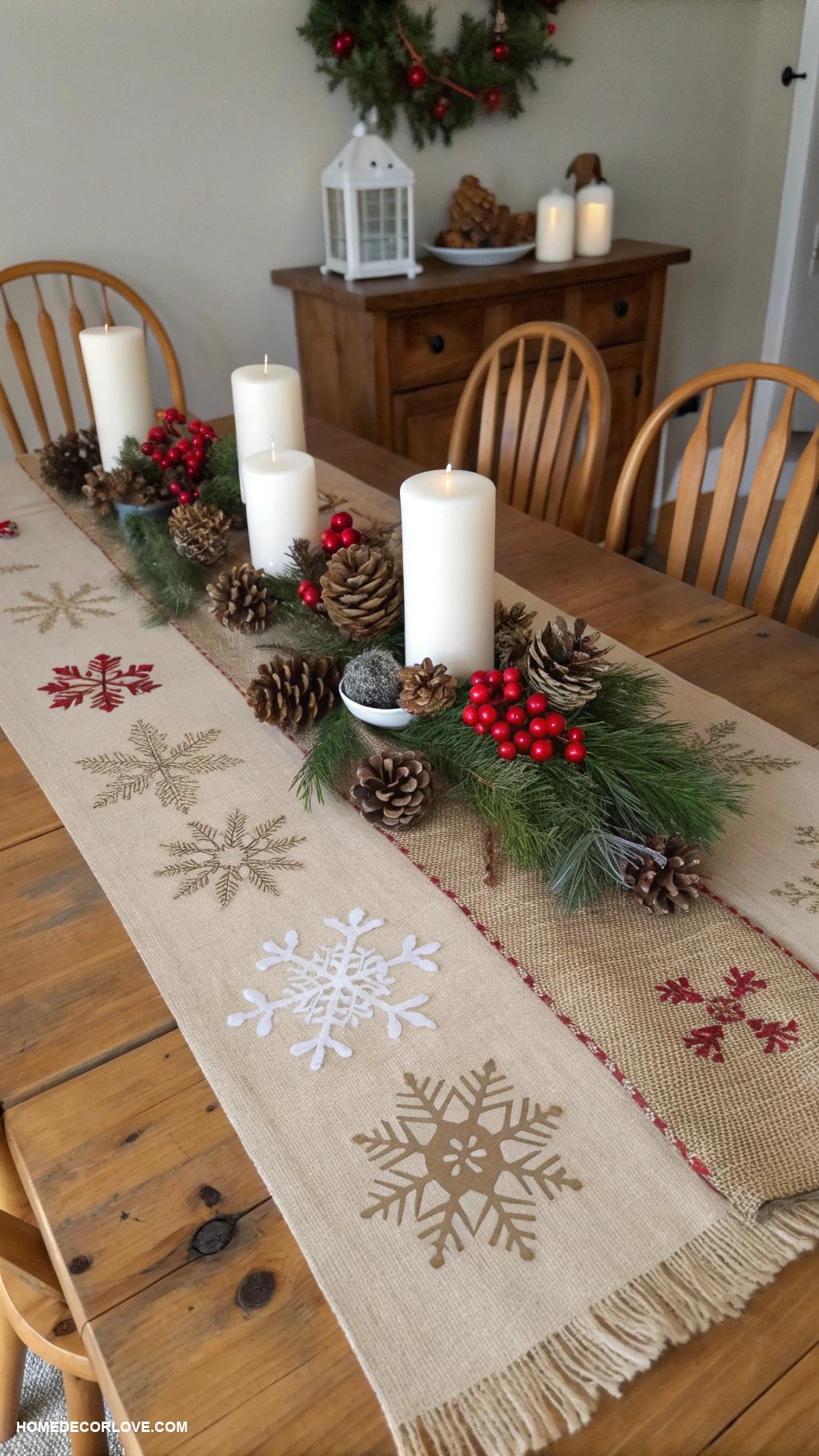 rustic christmas decor Jute table runner with holiday accents